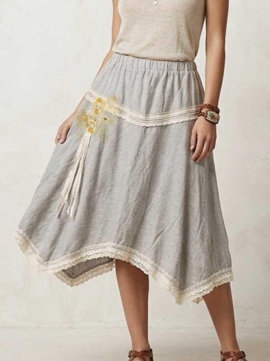 VINTAGE JOHNNY WAS Embroidered Crochet Pull On Skirt Medium Boho Folk Festival
